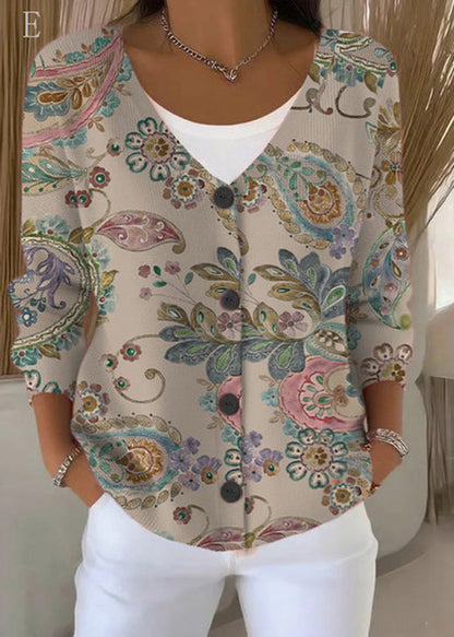 V Neck Button Print Knit Cardigans Fall
