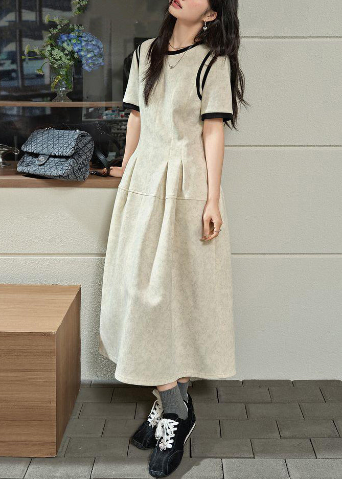 Brief Light Grey O-neck Wrinkled Patchwork Maxi Dresses Summer