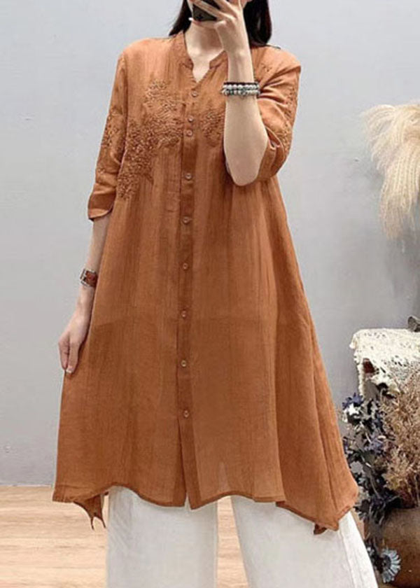 Orange Embroidered Linen Long Shirt Asymmetrical Design Three Quarter Sleeve