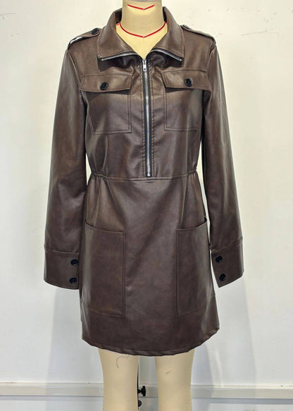 Coffee Peter Pan Collar Zippered Patchwork Faux Leather Mid Dress Spring