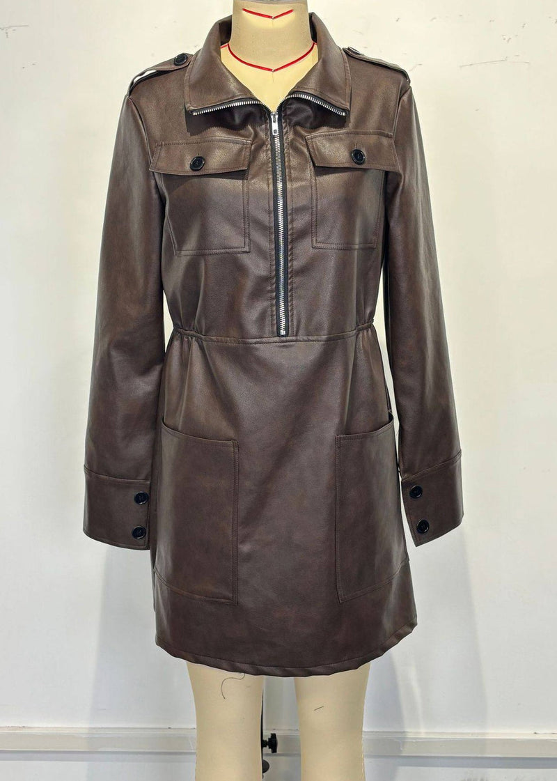 Coffee Peter Pan Collar Zippered Patchwork Faux Leather Mid Dress Spring
