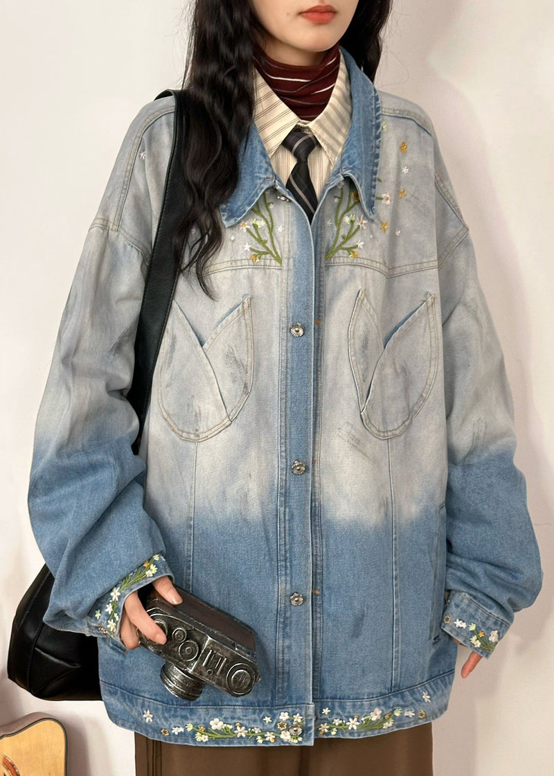Gradient Color Embroidered Pockets Denim Coats Fall