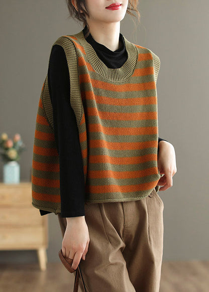 Orange O-neck Striped Knit Beach Vest Sleeveless