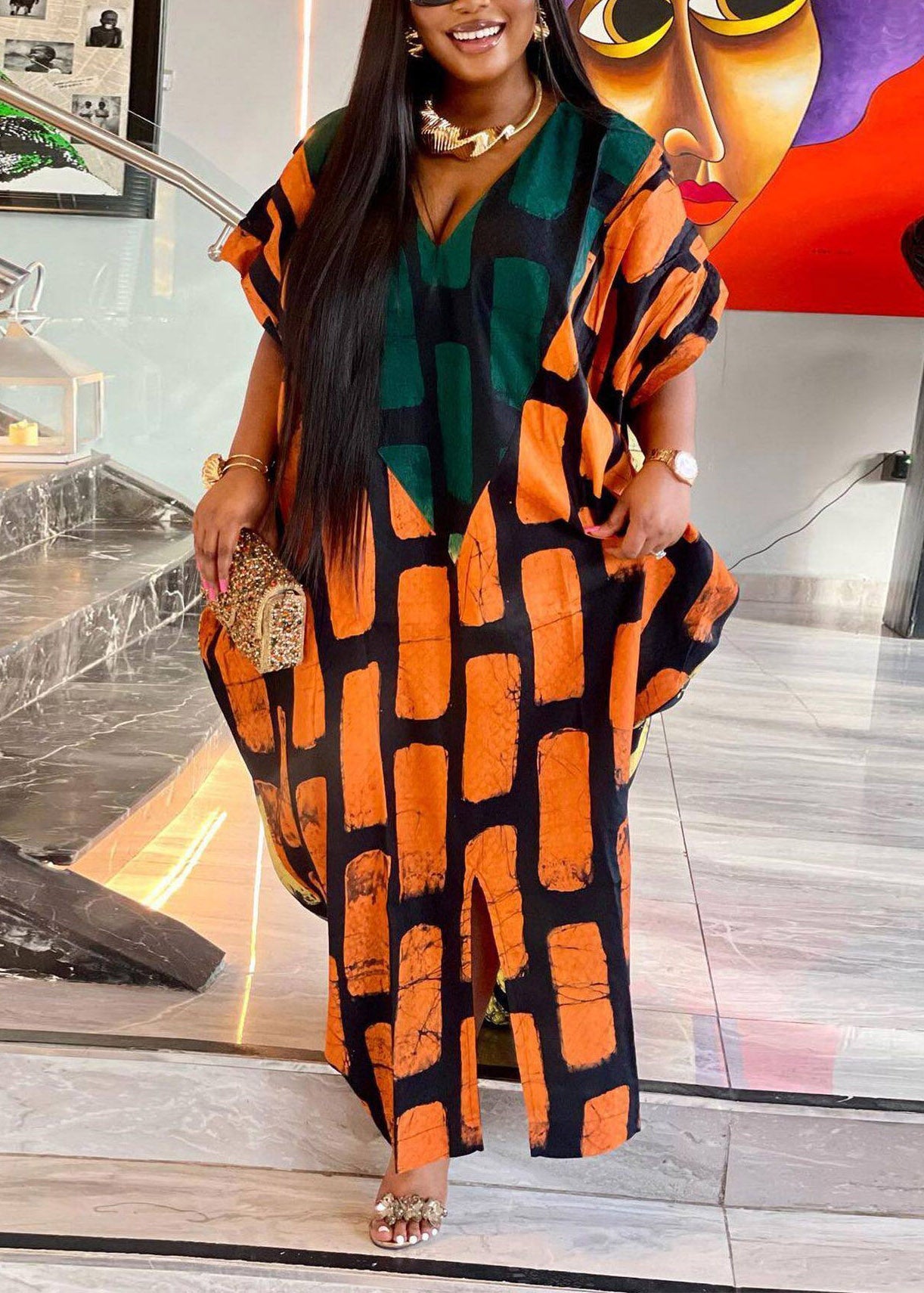 Orange V Neck Plaid Holiday Long Dress Summer