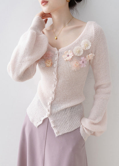Unique Pink O Neck Knit Sweaters Lantern Sleeve