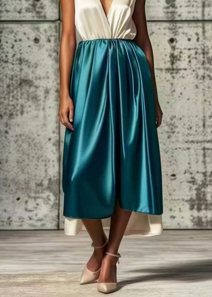 Style White Deep-v Neck Patchwork Silk Maxi Dresses Summer