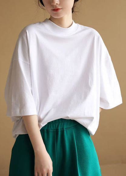 Loose White O Neck Cotton T Shirts Half Sleeve