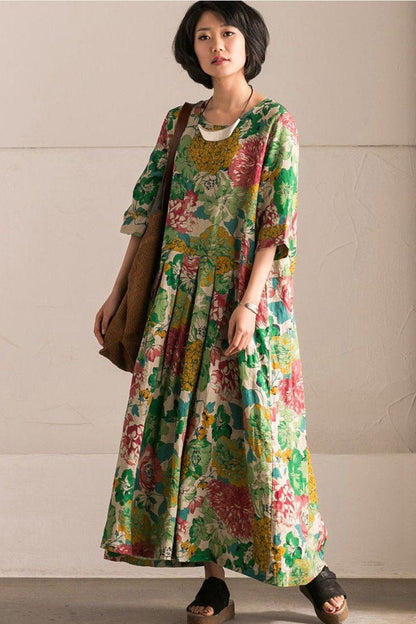 Retro Cotton Linen Flower Long Dress Summer Outfits