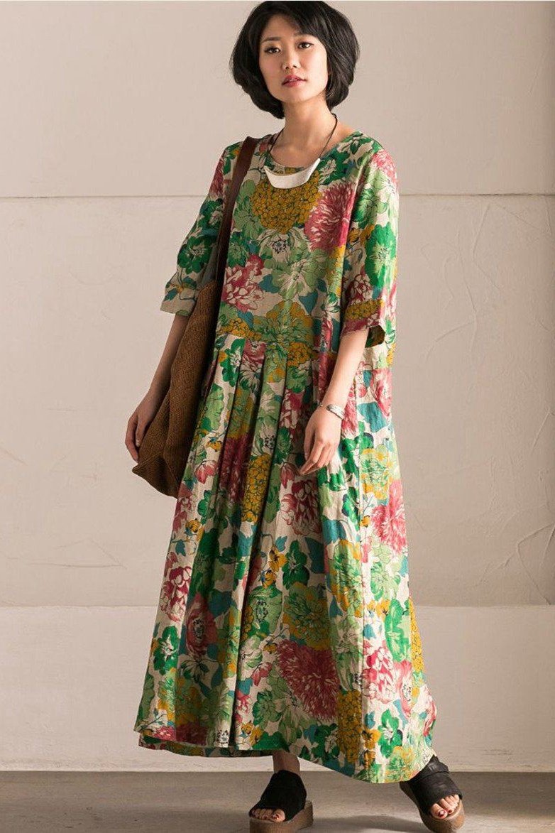 Retro Cotton Linen Flower Long Dress Summer Outfits