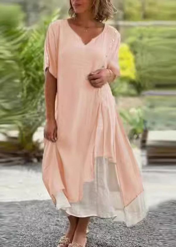 Black V Neck Asymmetrical Patchwork Cotton Dress Summer