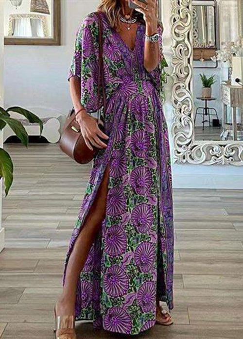Blue Print Side Open Cotton Beach Dress Summer