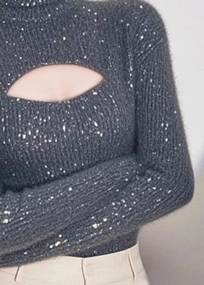 Grey Hign Neck Hollow Out Knit Sweater Spring