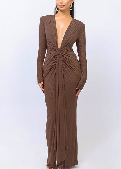 Slim Fit Coffee V Neck Wrinkled Party Dress Spring