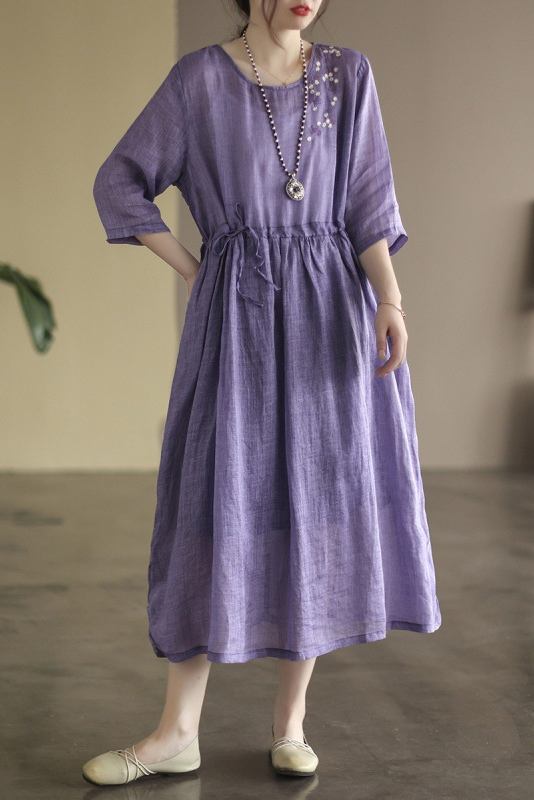 -summer Loose Embroidered Dress Color Half Sleeve Long Dress