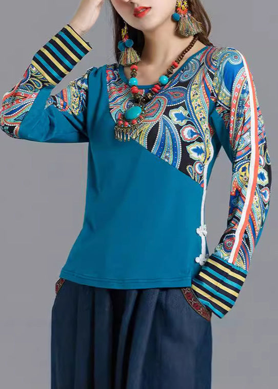 Blue O Neck Print Patchwork Cotton Tops Spring