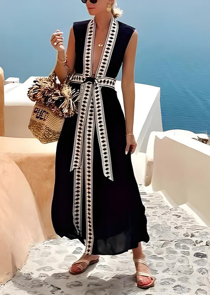 Black V Neck Lace Up Cotton Dress Sleeveless