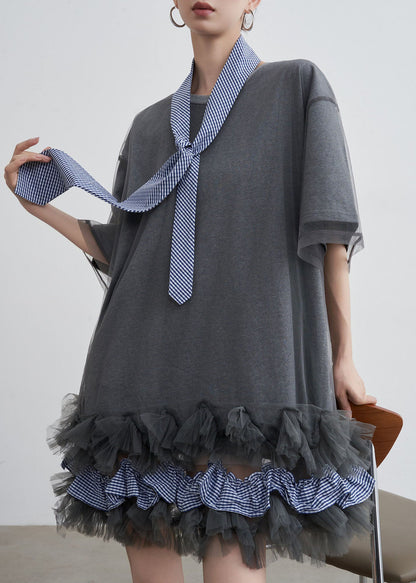 Stylish Grey O Neck Tulle Patchwork Cotton T Shirt Dresses Summer