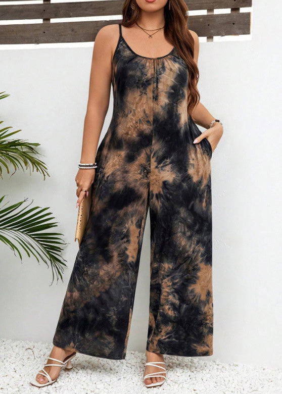 Organic Dark Brown Print Cotton Spaghetti Strap Jumpsuit Summer