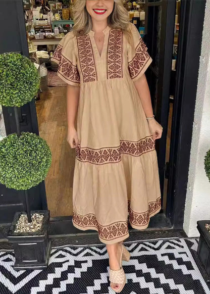 White V Neck Print Cotton Long Dresses Summer