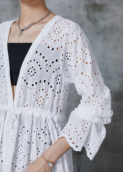 White Cinched Hollow Out Cotton Long Cardigans Fall