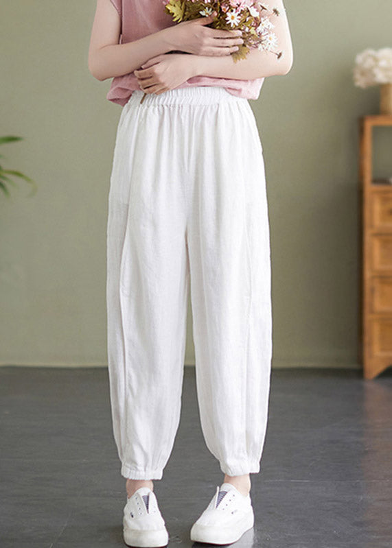 Handmade White Elastic Waist Beam Pants Summer