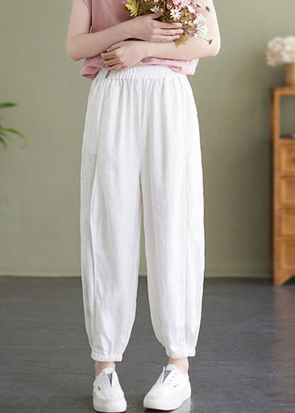 Handmade White Elastic Waist Beam Pants Summer