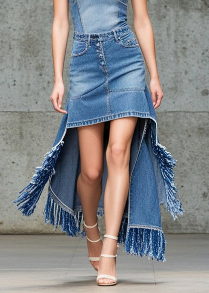 Blue Asymmetrical Tasseled Denim Skirts Fall