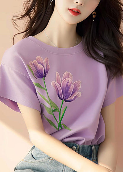 Purple O Neck Print Cotton T Shirt Short Sleeve