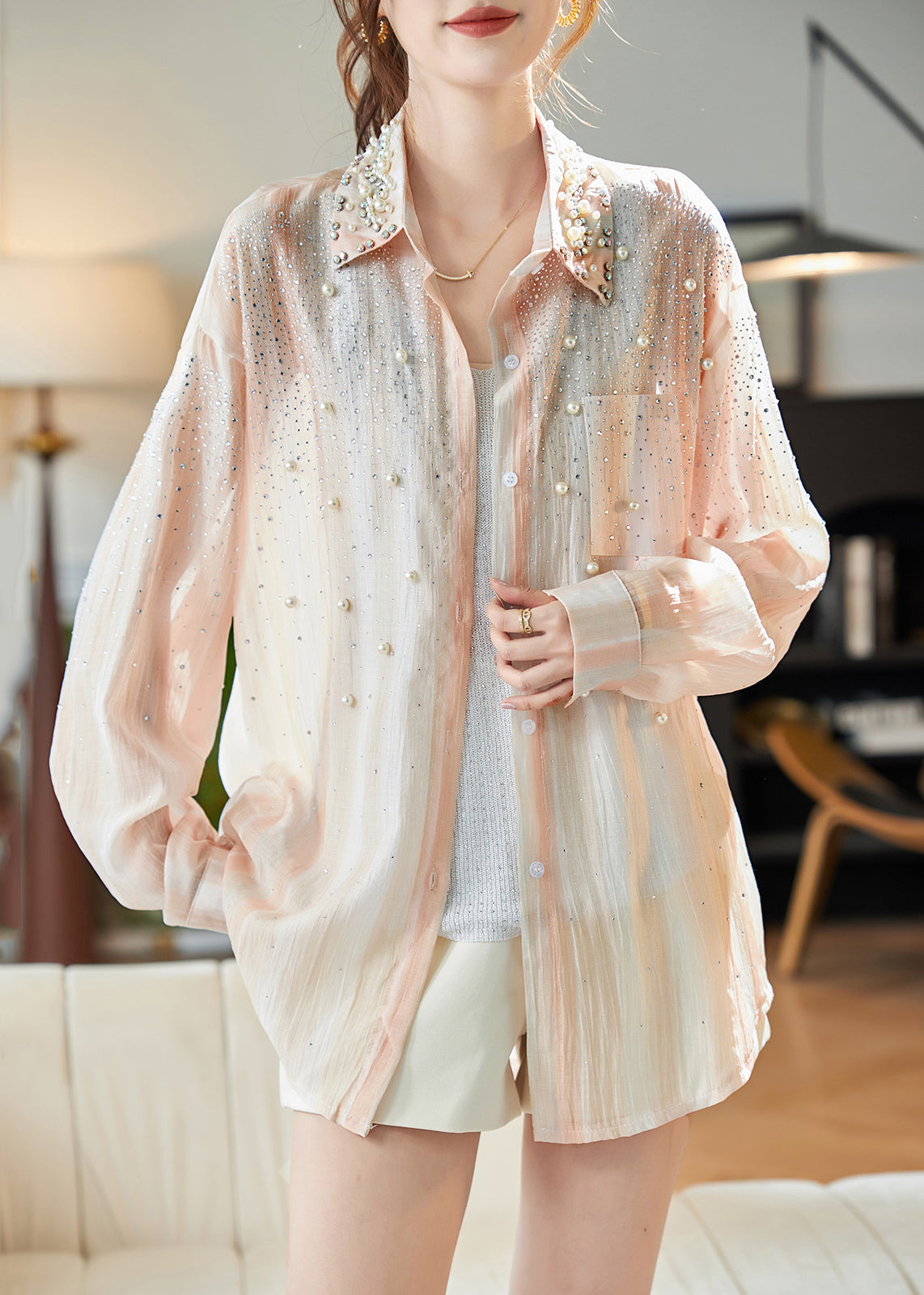Orange Peter Pan Collar Nail Bead Zircon Chiffon Shirts Fall