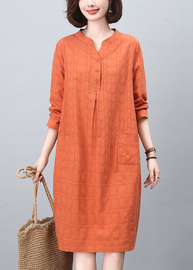 Orange Stand Collar Cotton Mid Dresses Spring