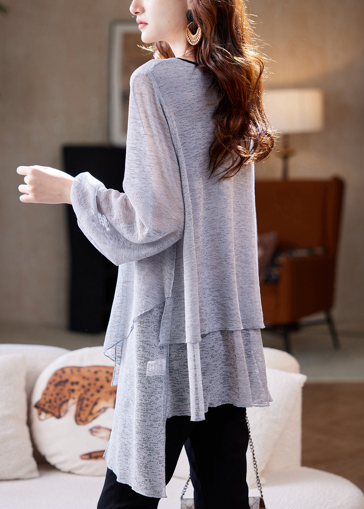 Loose Grey Asymmetrical Thin Knit T Shirts Fall