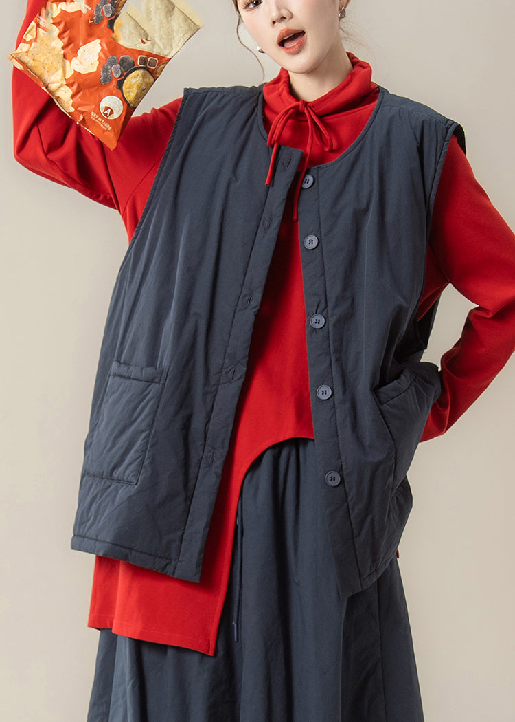 Navy Blue Patchwork Fine Cotton Filled Waistcoat and Red Top Two Piece Set Winter