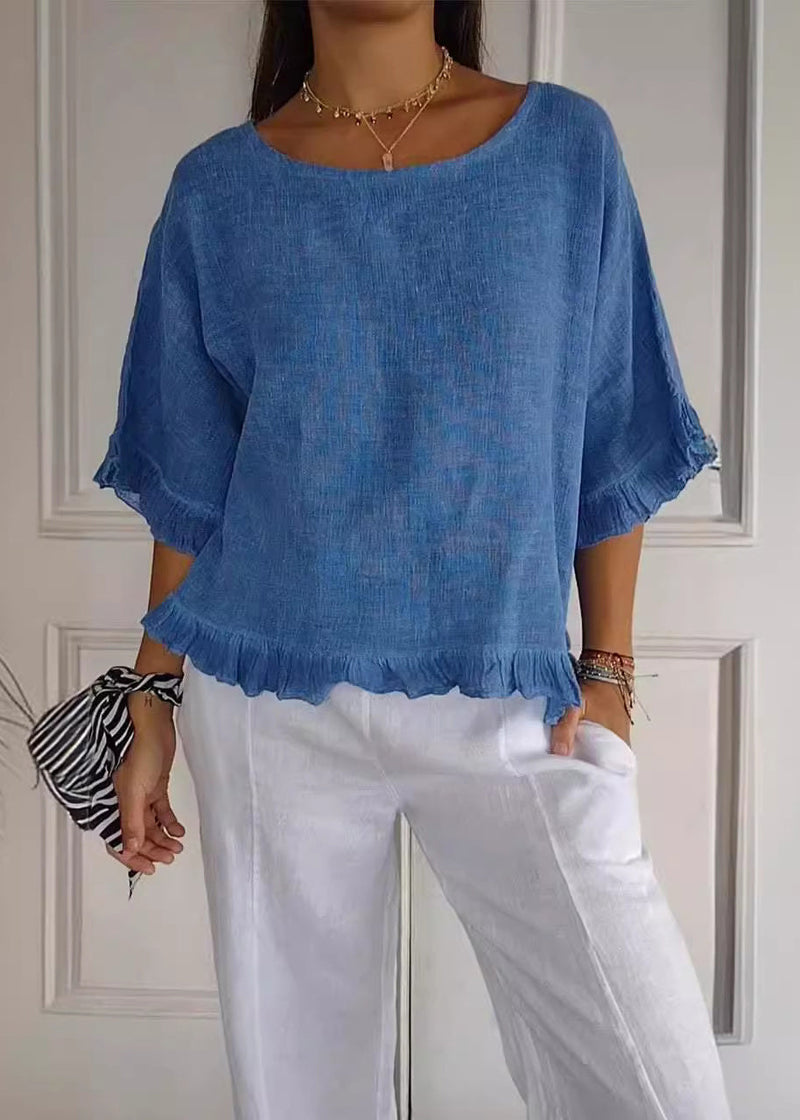 Apricot O-neck Ruffled Cotton Blouses Summer