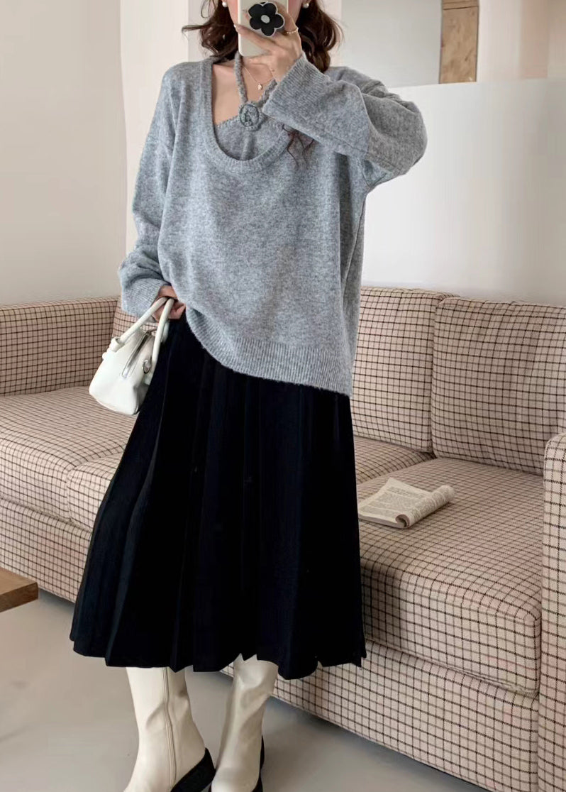 Grey Halter Knit Pullover Two Piece Set Winter