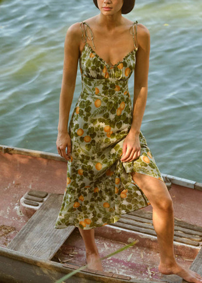 Green Print Lace Up Cotton Spaghetti Strap Dress Summer