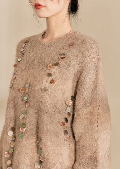 Camel O-neck Sequins Thick Cotton Knit Sweater Winter