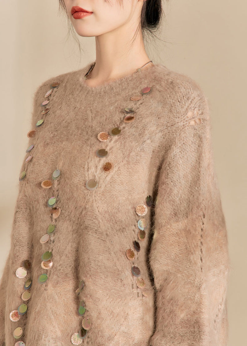 Camel O-neck Sequins Thick Cotton Knit Sweater Winter