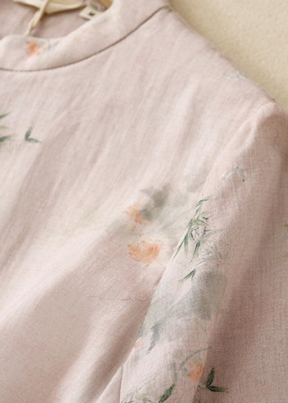 Versatile Pink Stand Collar Print Cotton Shirts Summer