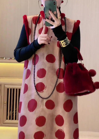Art Red Stand Collar Dot Patchwork Thick Dress Sleeveless