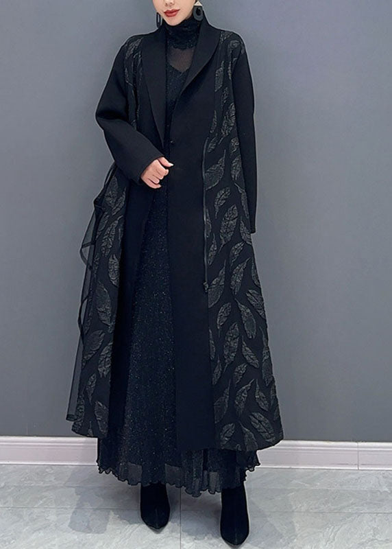 Black Notched Tulle Patchwork Maxi Cardigans Long Sleeve