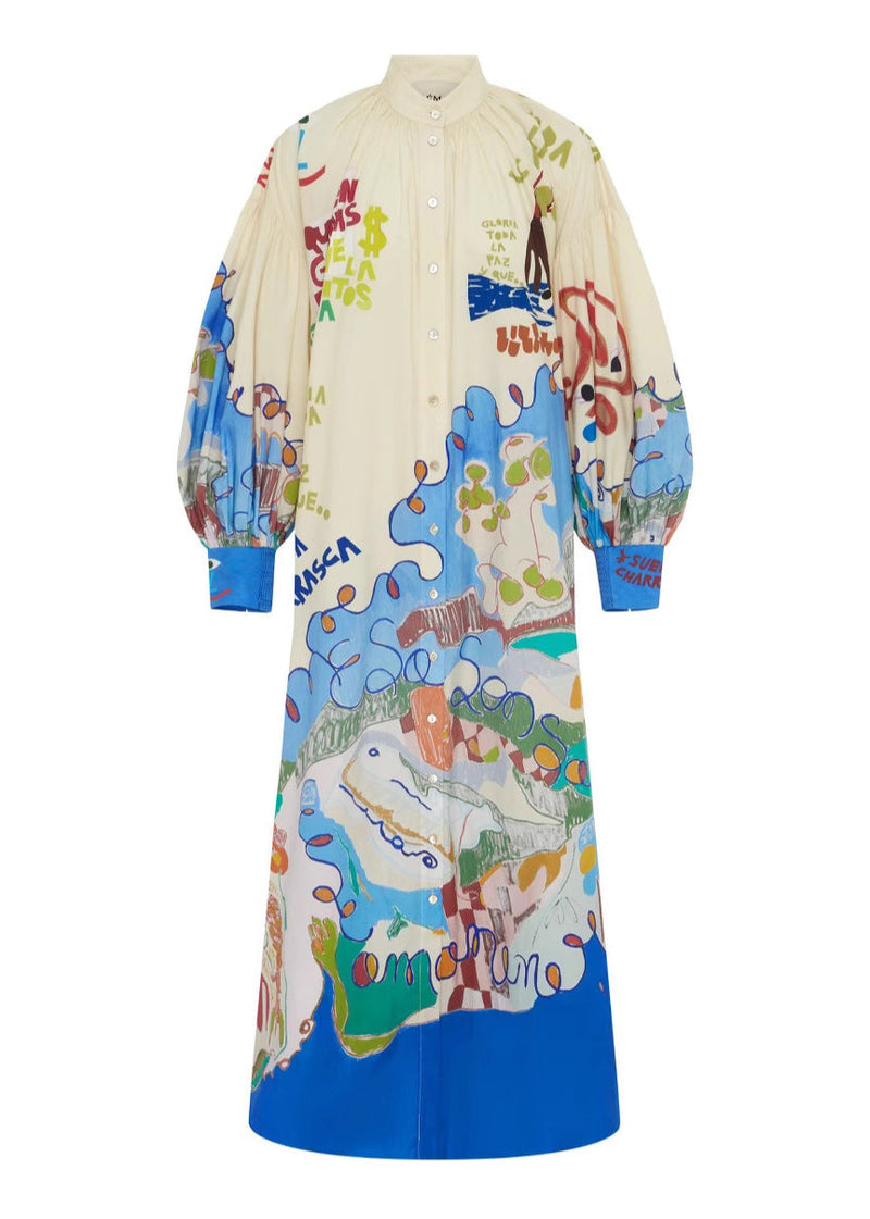 Stand Collar Print Button Long Dress Lantern Sleeve