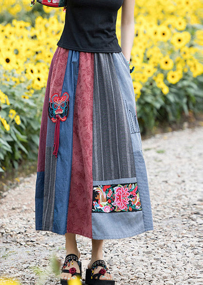 Novelty Navy Blue Print Patchwork Embroidered Tassel High Waist Maxi Skirts