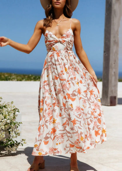 White Print Cotton Spaghetti Strap Dress Summer