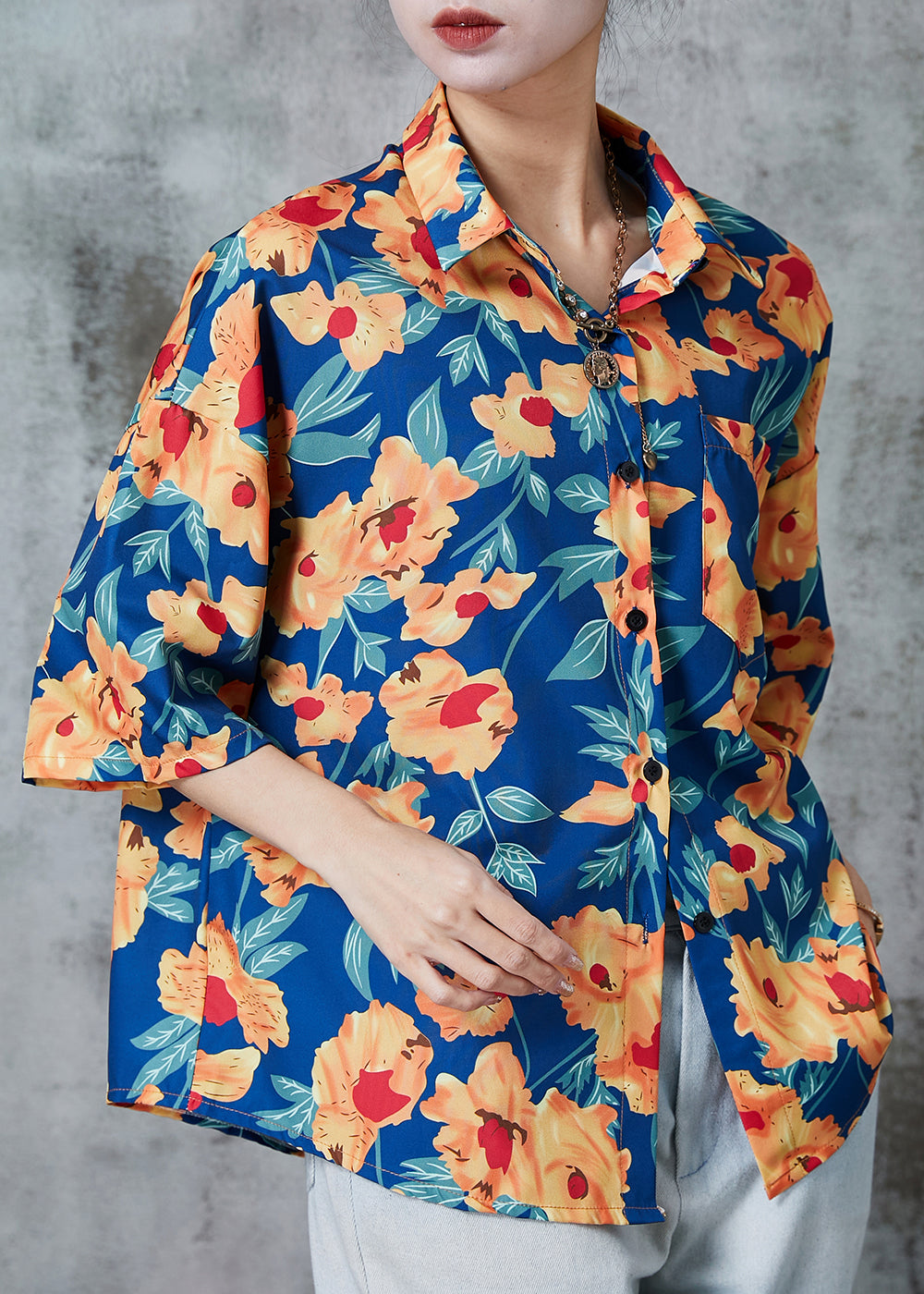 Blue Oversized Print Cotton Shirts Half Sleeve