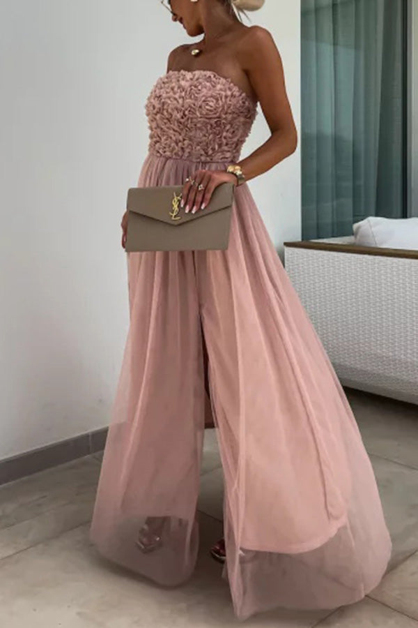 Romance and Lightness Tulle Texture Pleated Patchwork Strapless Slit Maxi Dress