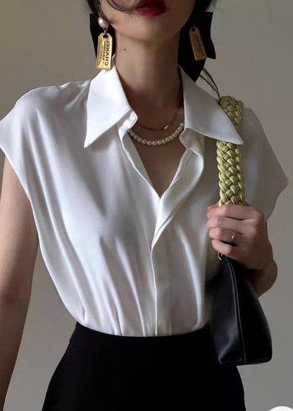 Stylish White Peter Pan Collar Silk Cotton Shirt Short Sleeve