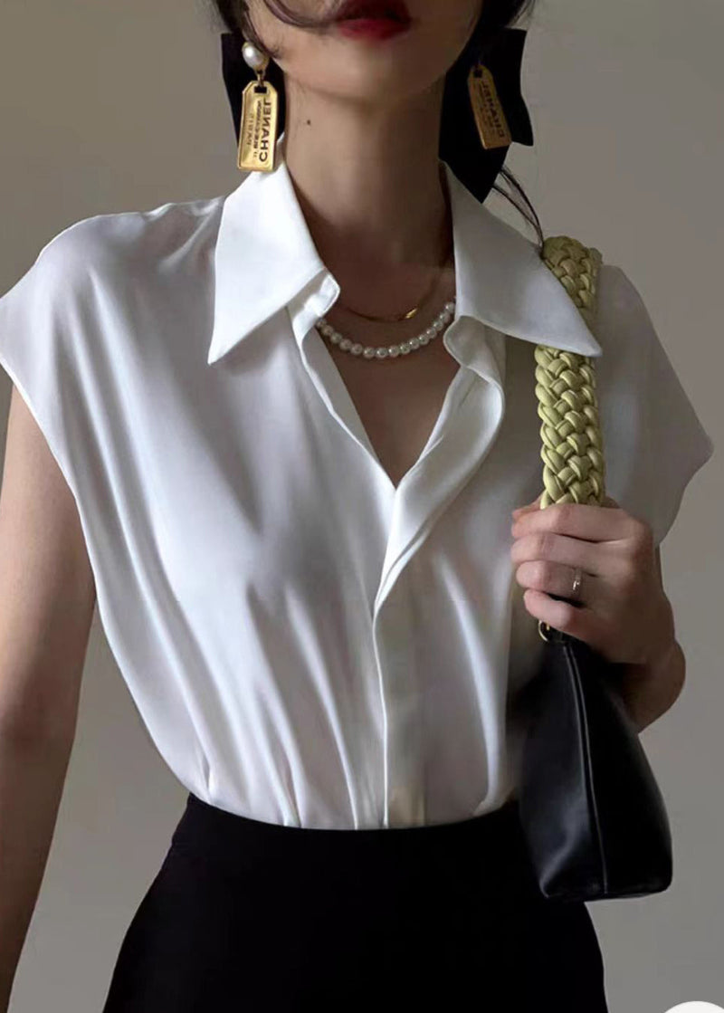 Stylish White Peter Pan Collar Silk Cotton Shirt Short Sleeve