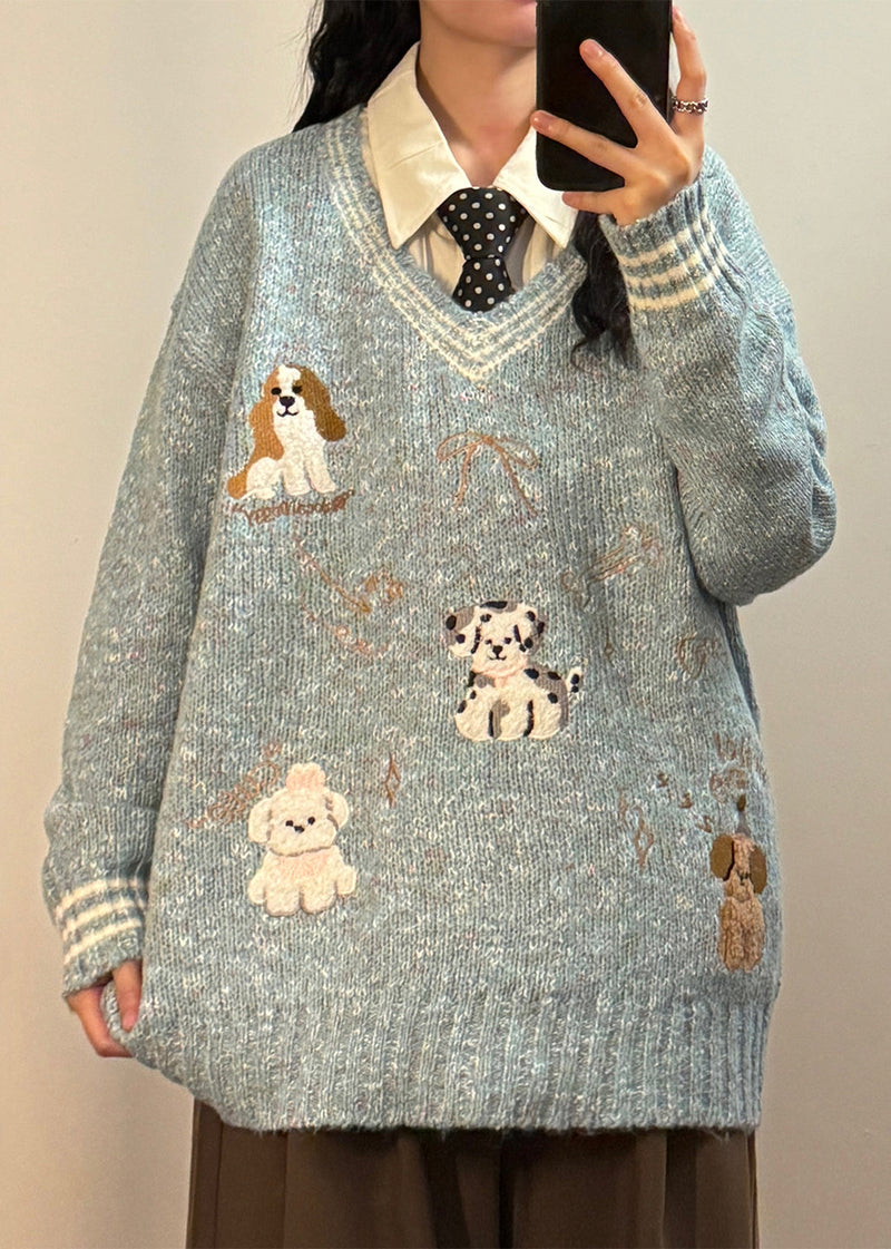 Blue V Neck Little Dog Bow Knit Sweater Spring