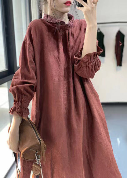 Red Peter Pan Collar Lace Patchwork Cotton Dress Fall