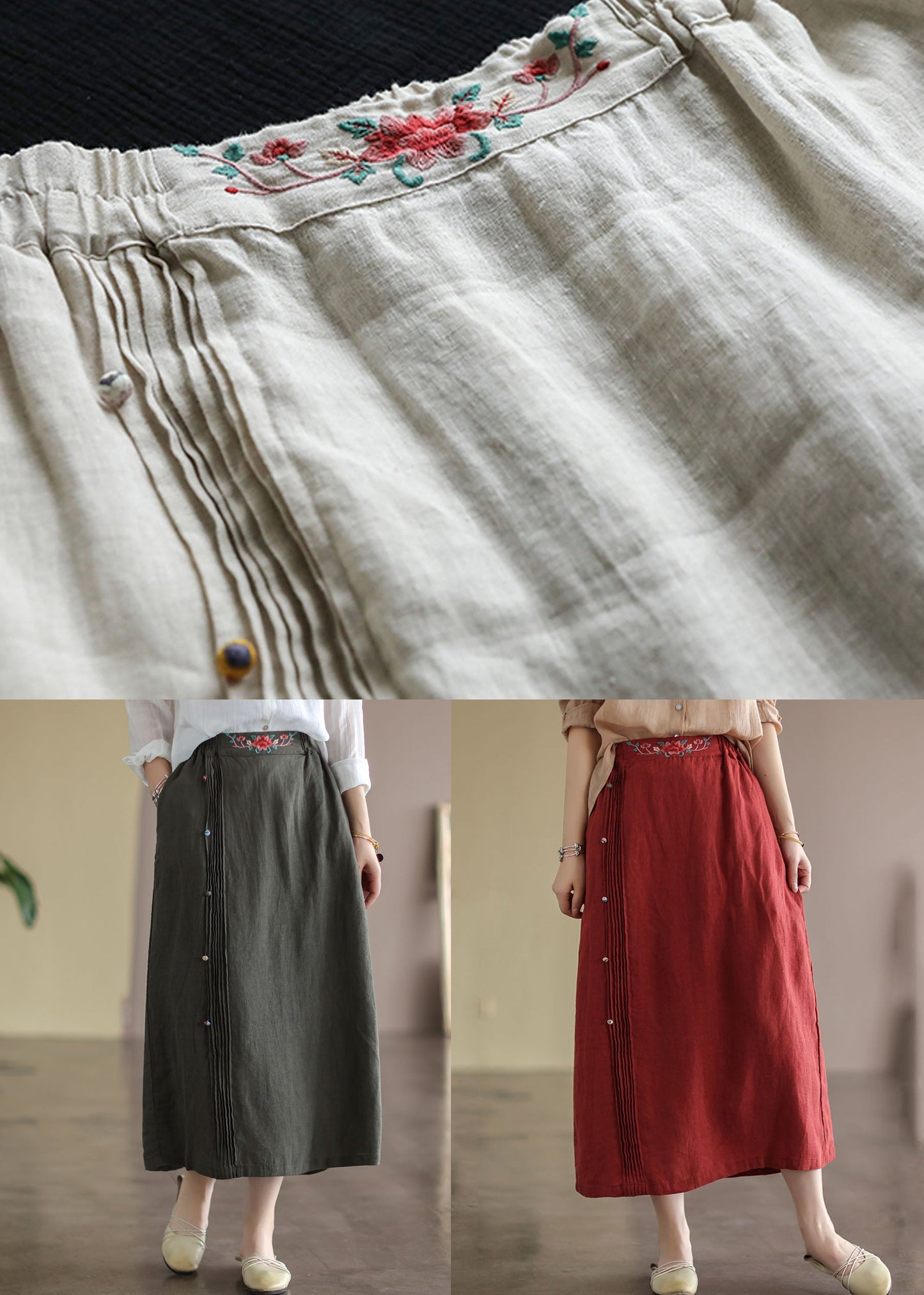 Red Wrinkled Embroidered Patchwork Cotton Skirts Summer